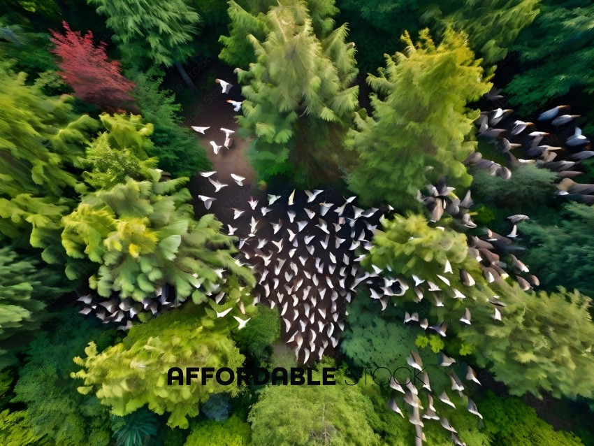 A flock of birds in a forest