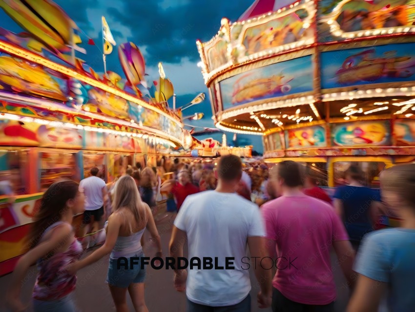 People walking in a carnival with a Ferris wheel in the background