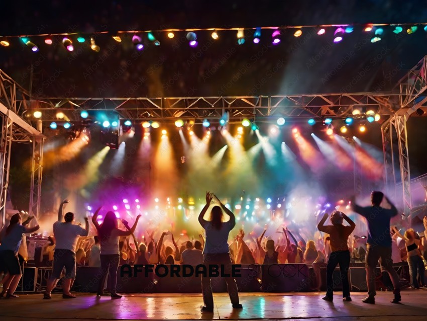 A group of people are standing in front of a stage with a rainbow of lights