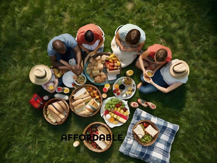 A group of people enjoying a picnic on the grass