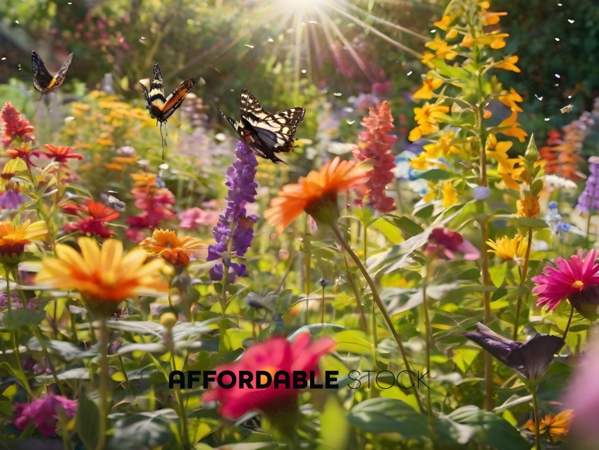 Butterflies in a garden of flowers