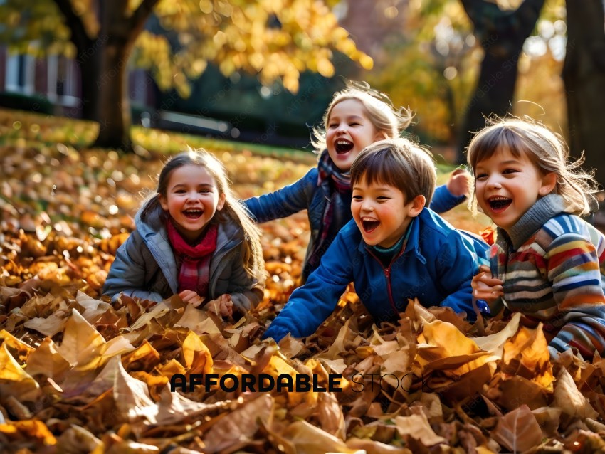 Four children playing in the leaves
