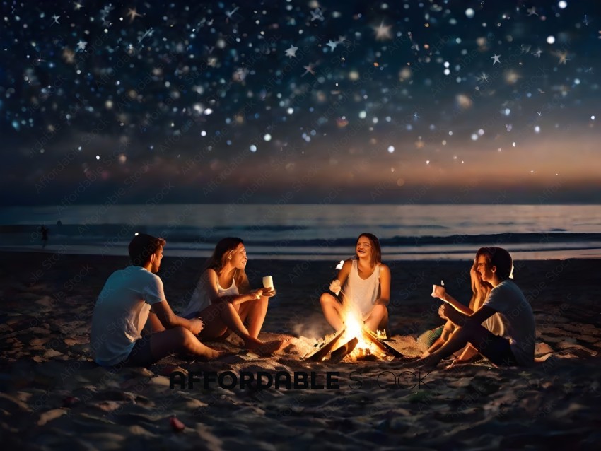 Four friends sitting on the beach at night, drinking and laughing