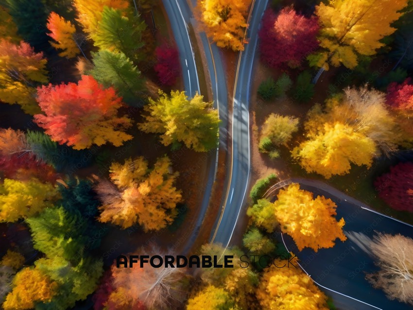 Two roads are surrounded by trees with fall foliage