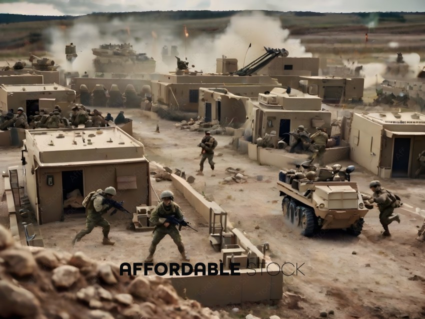 Soldiers in a desert setting with tanks and artillery