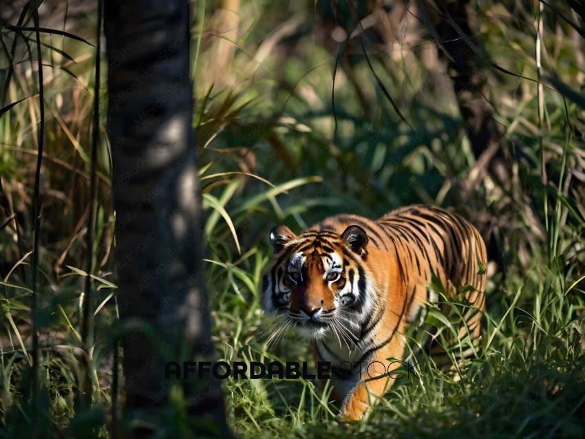 A tiger walking through the grass