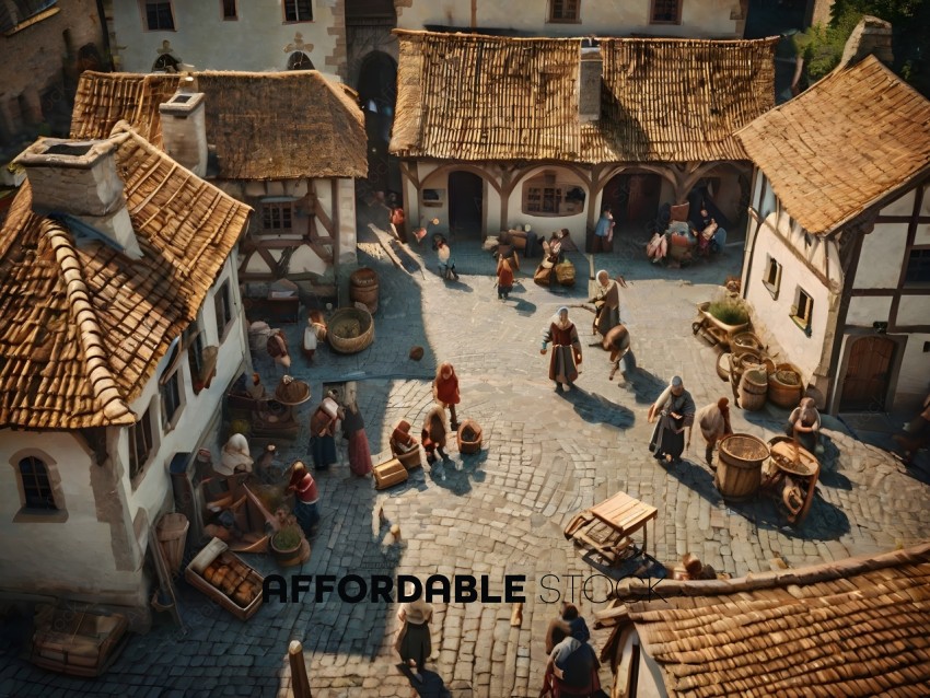 A detailed drawing of a medieval village with people and buildings