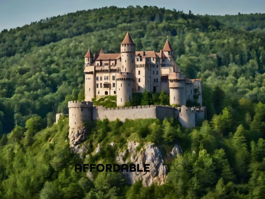 A medieval castle sits atop a hill with trees