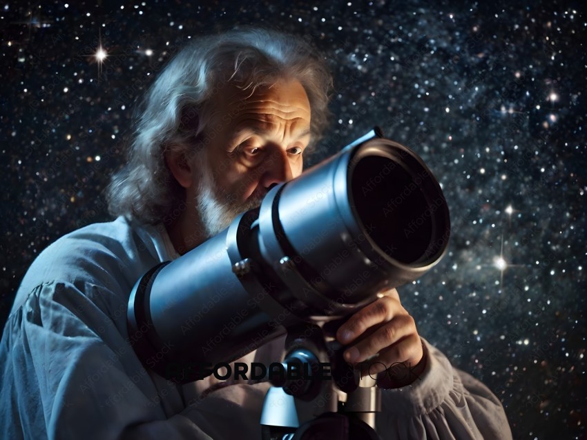 An old man looking through a telescope at the stars
