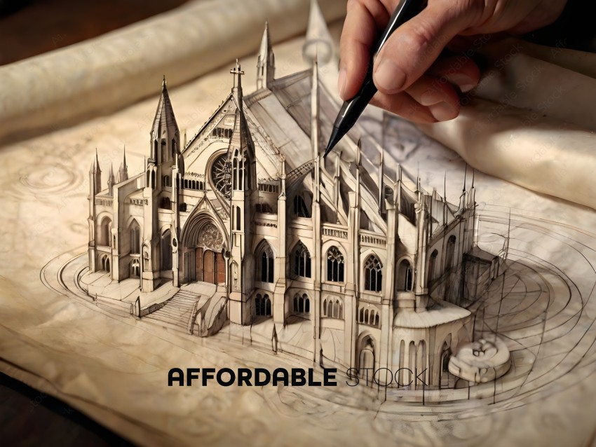 A person is drawing a church on a piece of paper