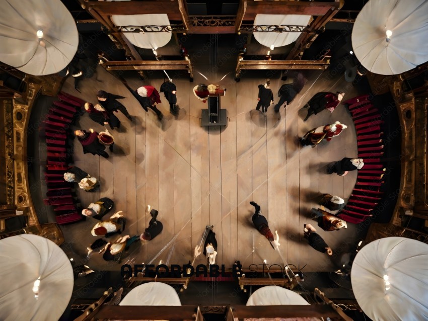 A group of people are standing in a circle in a theater