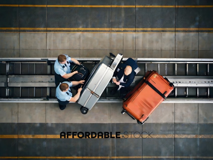 Airport workers handling luggage on a conveyor belt