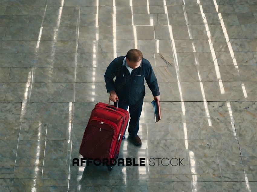 Man with luggage walking on a tiled floor