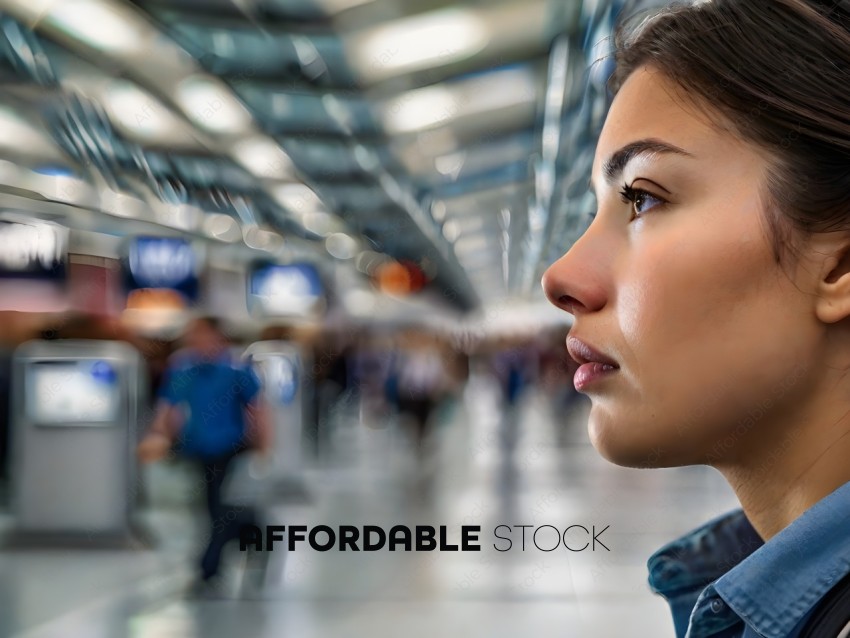 A woman in a blue shirt looks into the distance