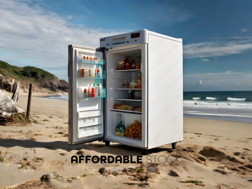 A white refrigerator on the beach