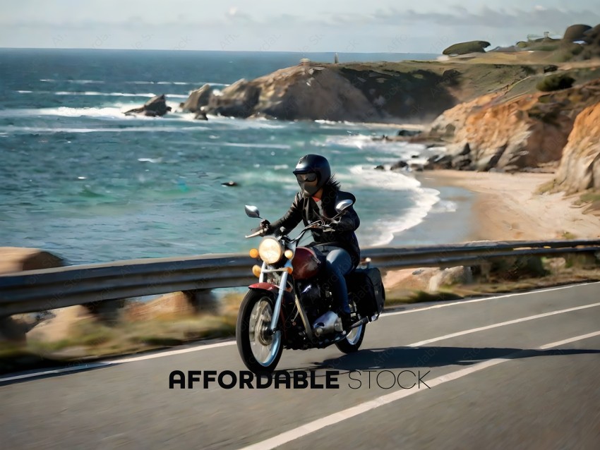Man riding motorcycle on road by ocean