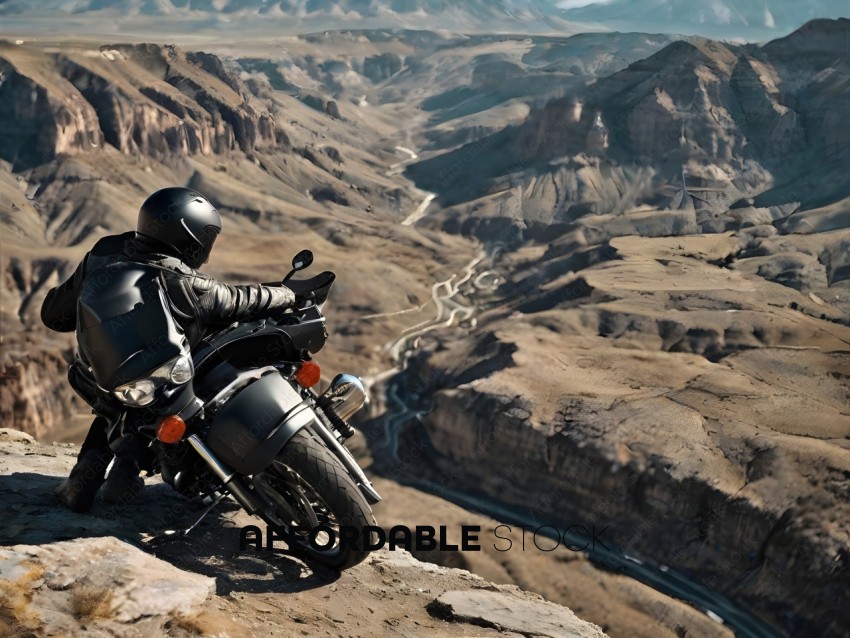 A motorcyclist sits on a cliff overlooking a valley