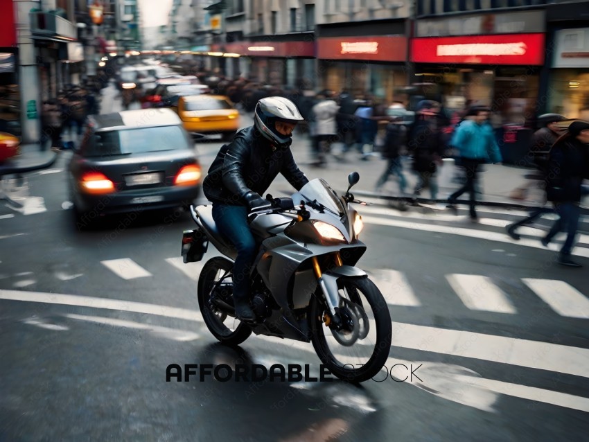 A motorcyclist rides down a busy street