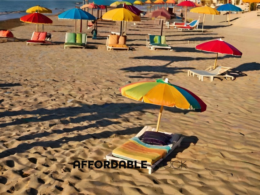 Colorful Umbrellas and Chairs on Sandy Beach