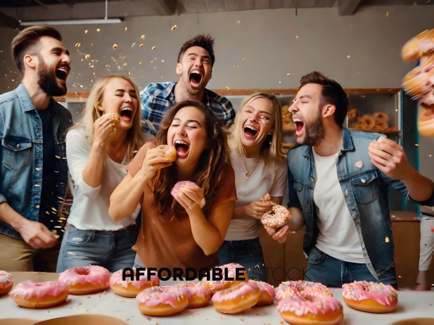 Six friends eating donuts together