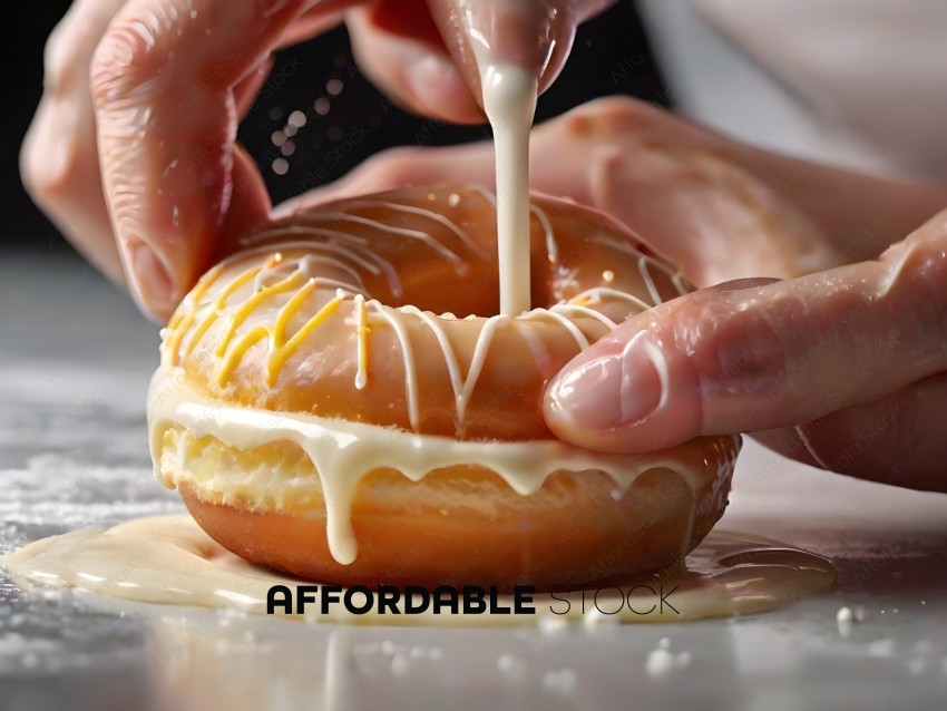 A person pouring icing on a doughnut