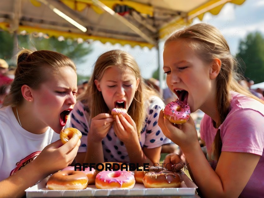 Three girls eating donuts with pink frosting
