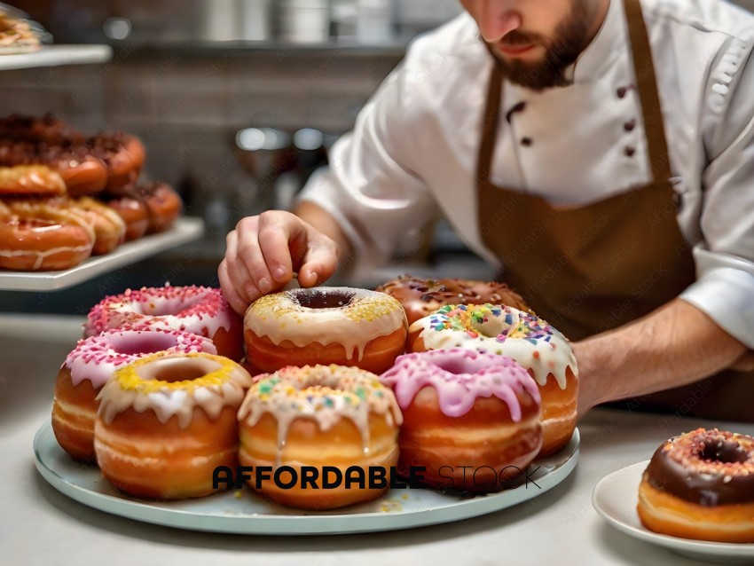 A man in a kitchen is frosting donuts