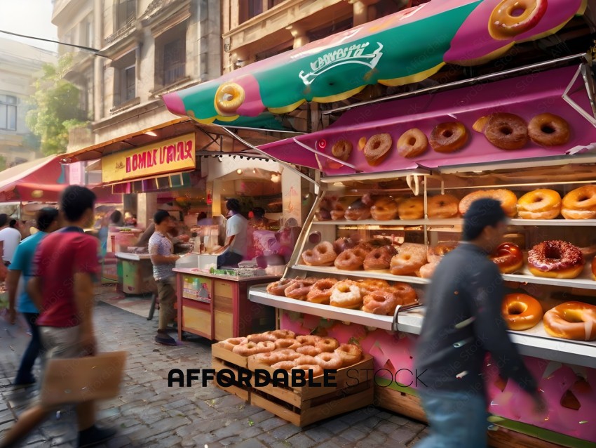 A man is walking past a donut shop