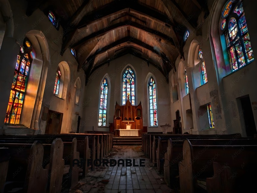 An abandoned church with a wooden pulpit and stained glass windows