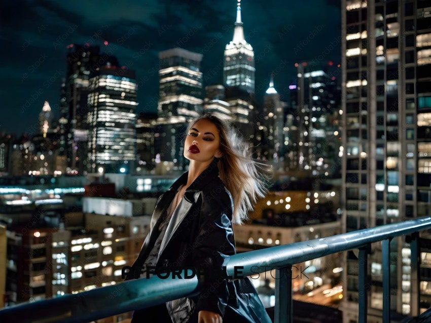 A woman in a black jacket looking at the city at night