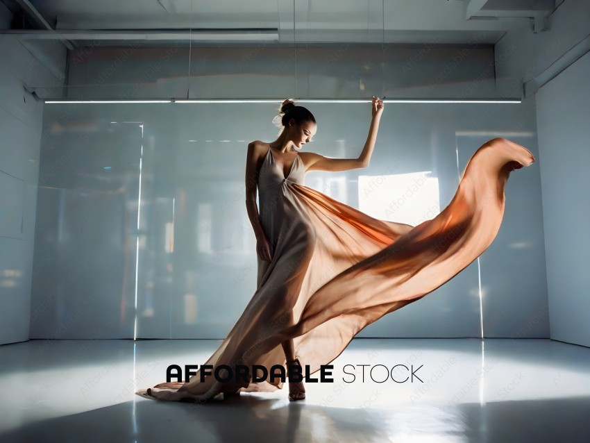 A woman in a long, flowing dress dances in a studio
