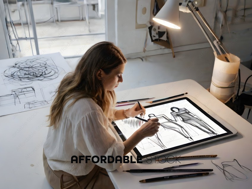 A woman drawing a picture of a woman on a tablet