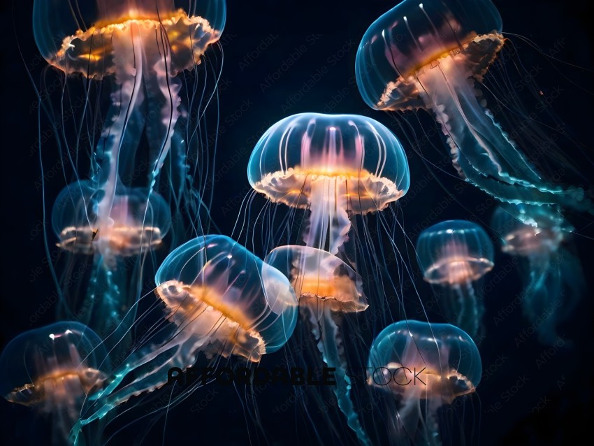 A group of blue and orange jellyfish