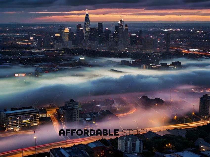 A city skyline with fog and a busy street