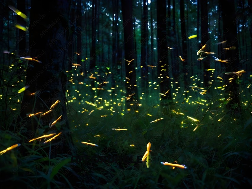 A forest with a lot of light and a lot of fireflies