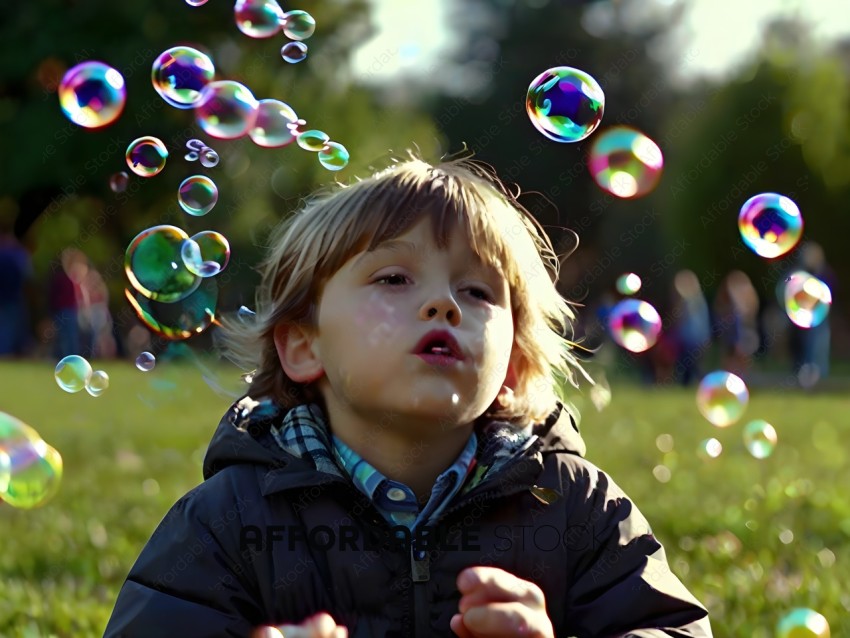 A young boy watching bubbles in a park