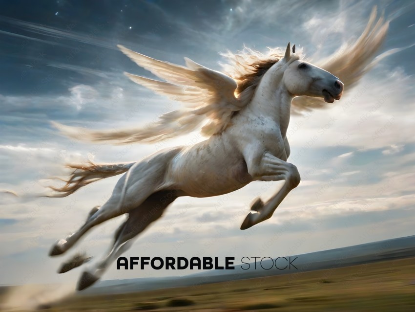 A white horse with wings flying in the sky