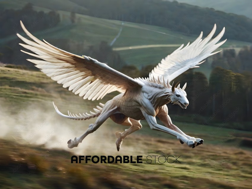A white horse with wings flying in the air