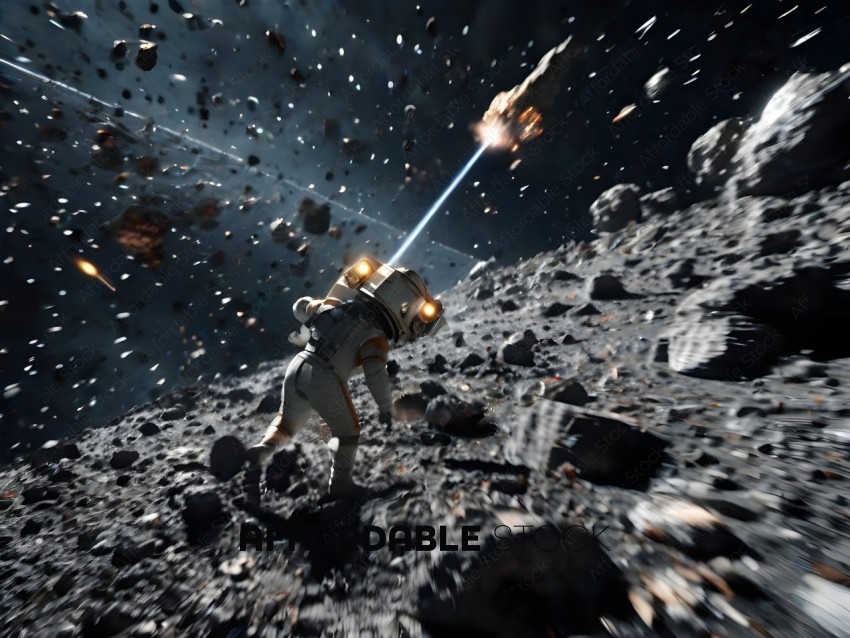 A person in a spacesuit on a rocky surface with a laser beam