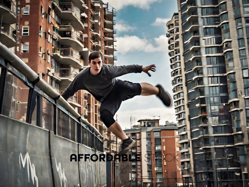 Man in gray shirt jumping over a wall in a city