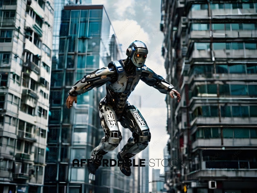 A robot jumps in the air in a city