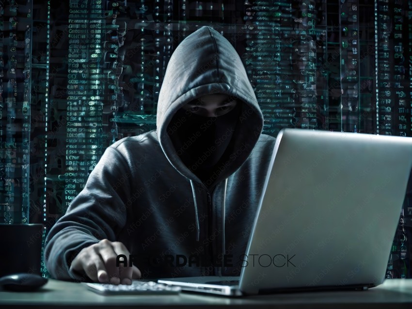 Hacker in hooded sweatshirt working on laptop