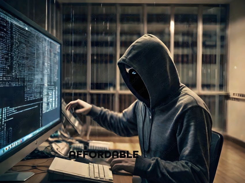 A person wearing a hooded sweatshirt is working on a computer