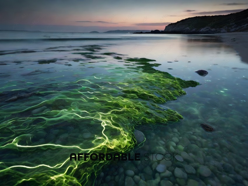 A green algae covered rock in the ocean