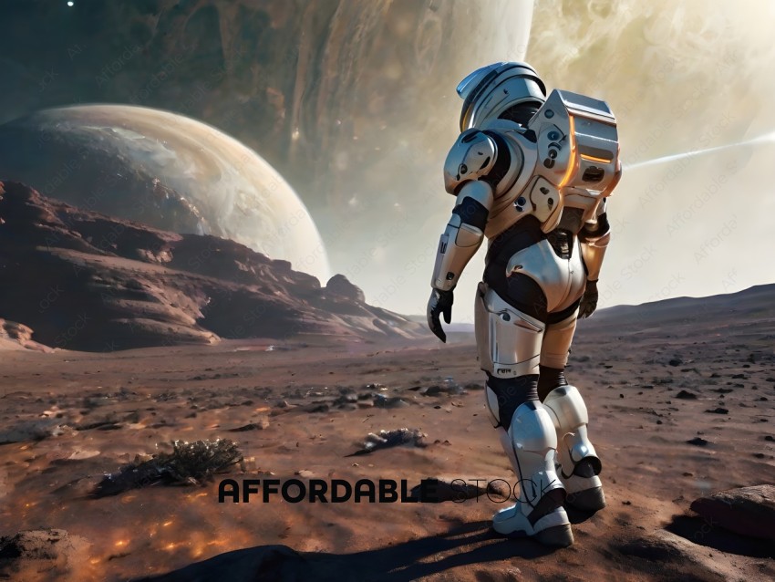 A person in a futuristic suit walking on a barren planet