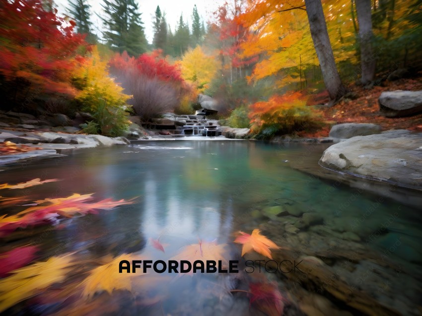 A beautiful autumn scene with a stream, waterfall, and trees