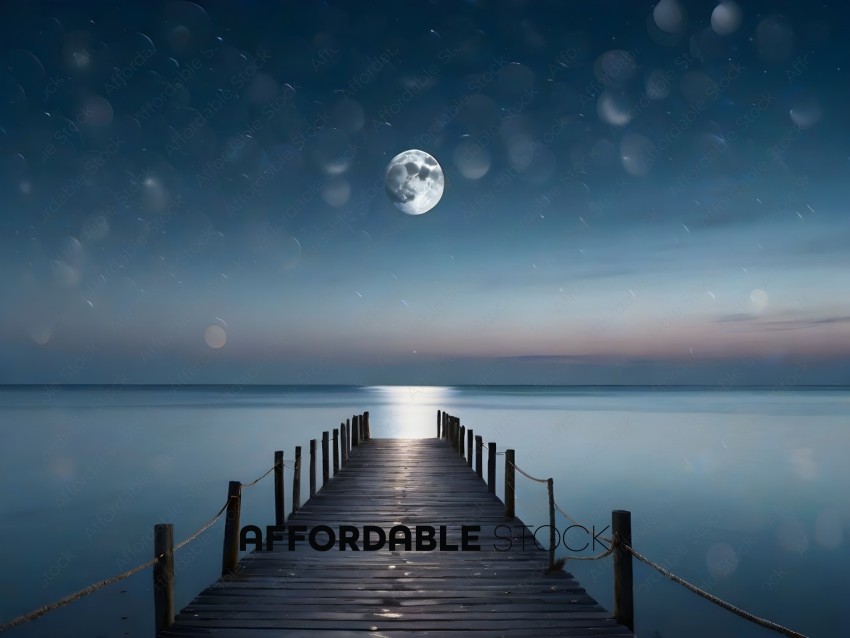 A moonlit night with a dock and ocean view