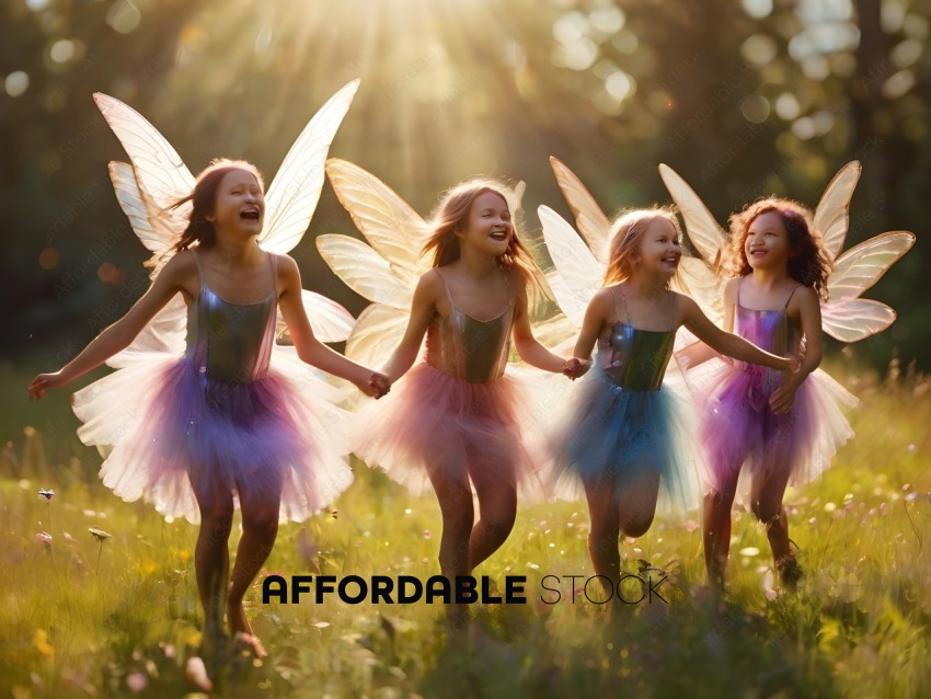 Four young girls dressed as fairies running through a field