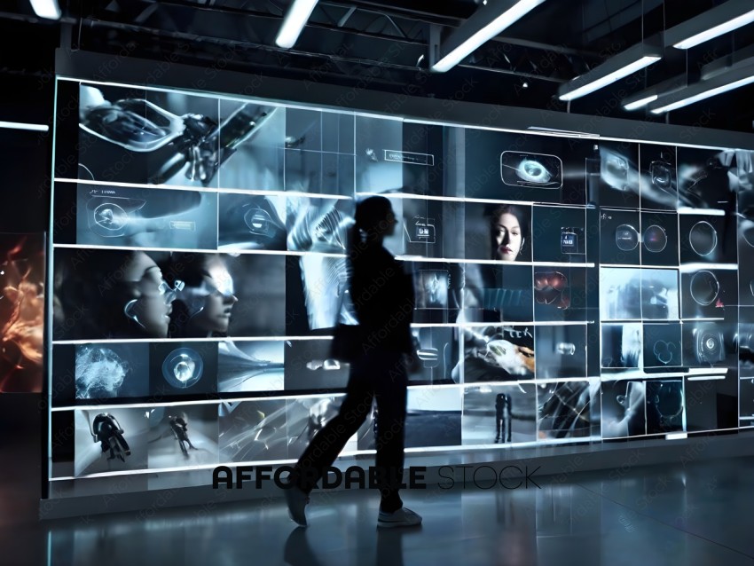 A person walking in front of a wall of screens