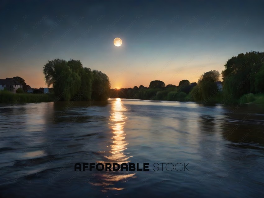 A beautiful sunset over a river with a full moon